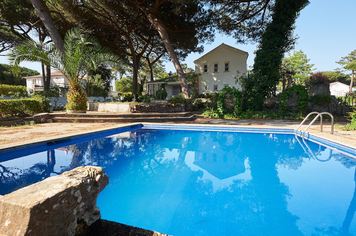 A clear blue swimming pool is framed by lush greenery and towering pine trees. The villa’s facade is reflected in the water, showcasing classic architecture. Surrounding pathways lead to garden areas, creating a serene outdoor setting.