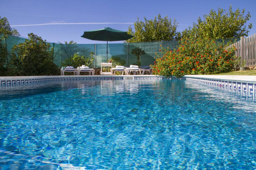 Jardín y piscina privada con mobiliario exterior