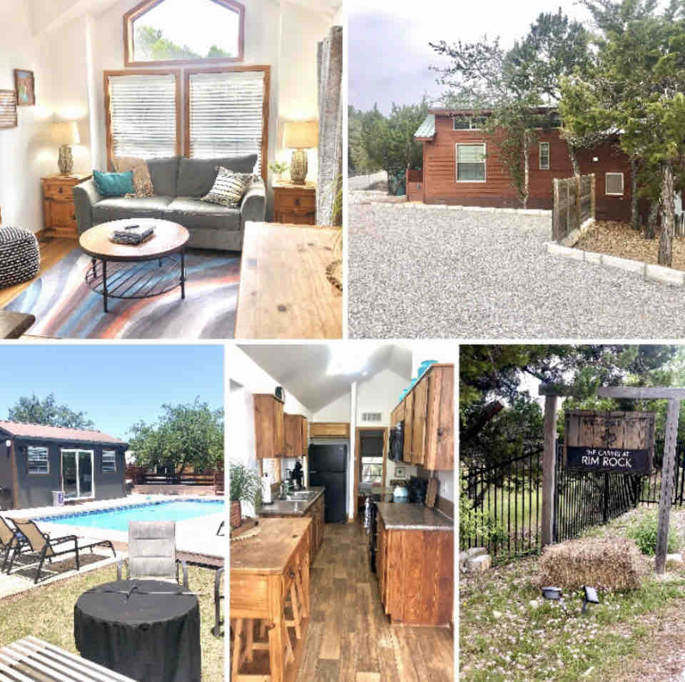 A spacious living area features large windows allowing natural light to illuminate the comfortable seating arrangement. The kitchen includes wood cabinetry and modern appliances. An outdoor view shows a swimming pool surrounded by lounge chairs. The cabin's entrance is marked by a welcoming sign surrounded by greenery.
