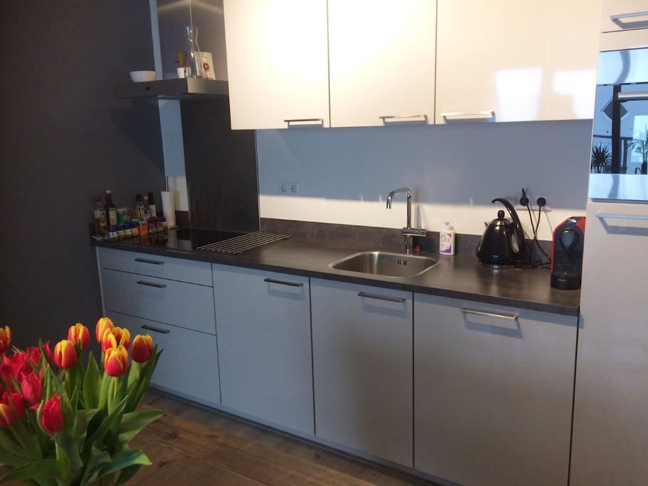 The kitchen, which has all facilities you need. Like an oven and dishwasher. You can also make tea and use our luxery nespresso machine.
