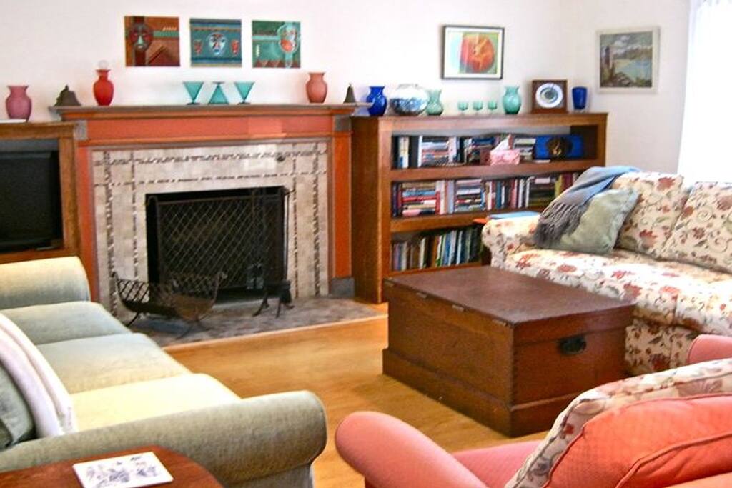 The fireplace room with comfy seating, games, books, and TV/DVD player