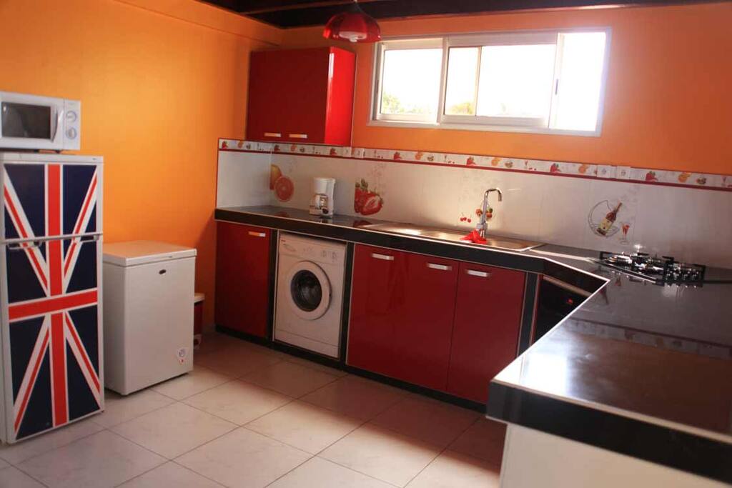 La cuisine avec congélateur, lave-linge, micro-ondes et réfrigirateur