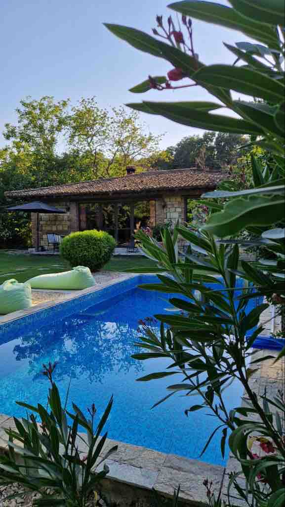 A serene outdoor space features a sparkling blue pool surrounded by lush greenery. A traditional stone house is visible in the background, complemented by seating areas and vibrant plants framing the scene. Soft sunlight enhances the inviting atmosphere of the environment.