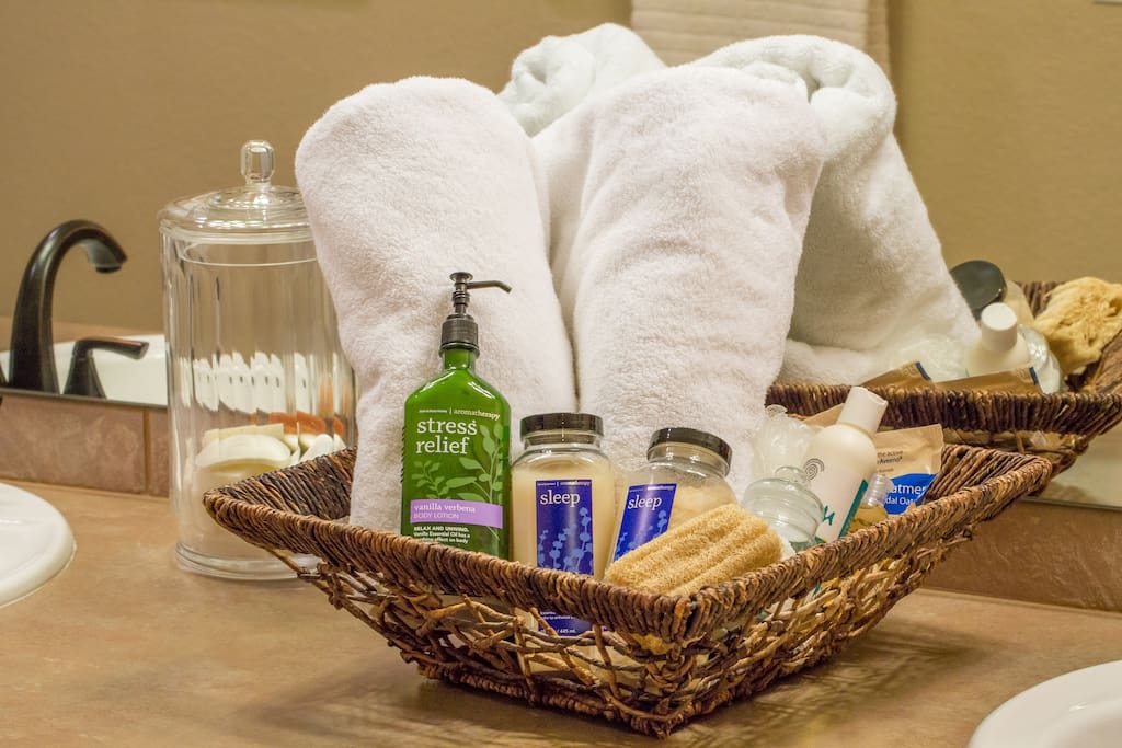 Big fluffy towels with yummy bath products give you a spa-like sanctuary in your private bath.