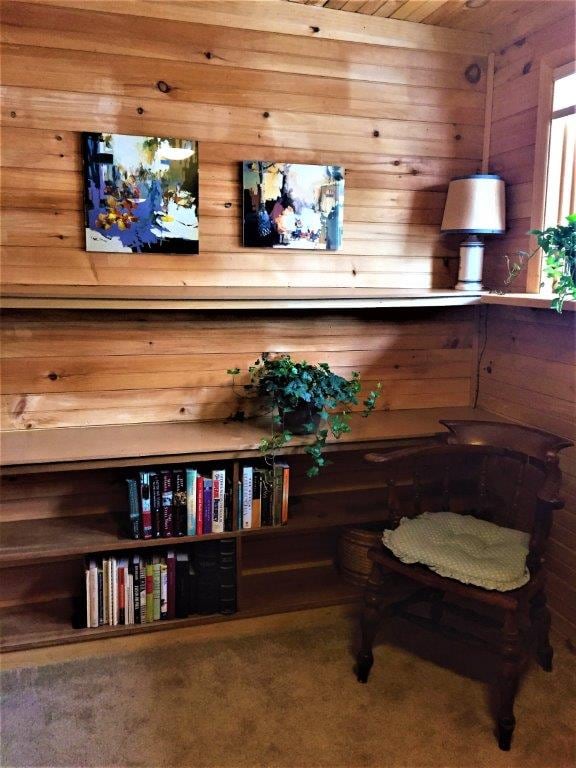A cozy reading nook is presented, featuring wooden walls and two abstract paintings above a shelf. A small bookshelf houses a selection of books, while a wooden chair with a cushion invites relaxation. Natural light filters in through the adjacent window, enhancing the serene setting.
