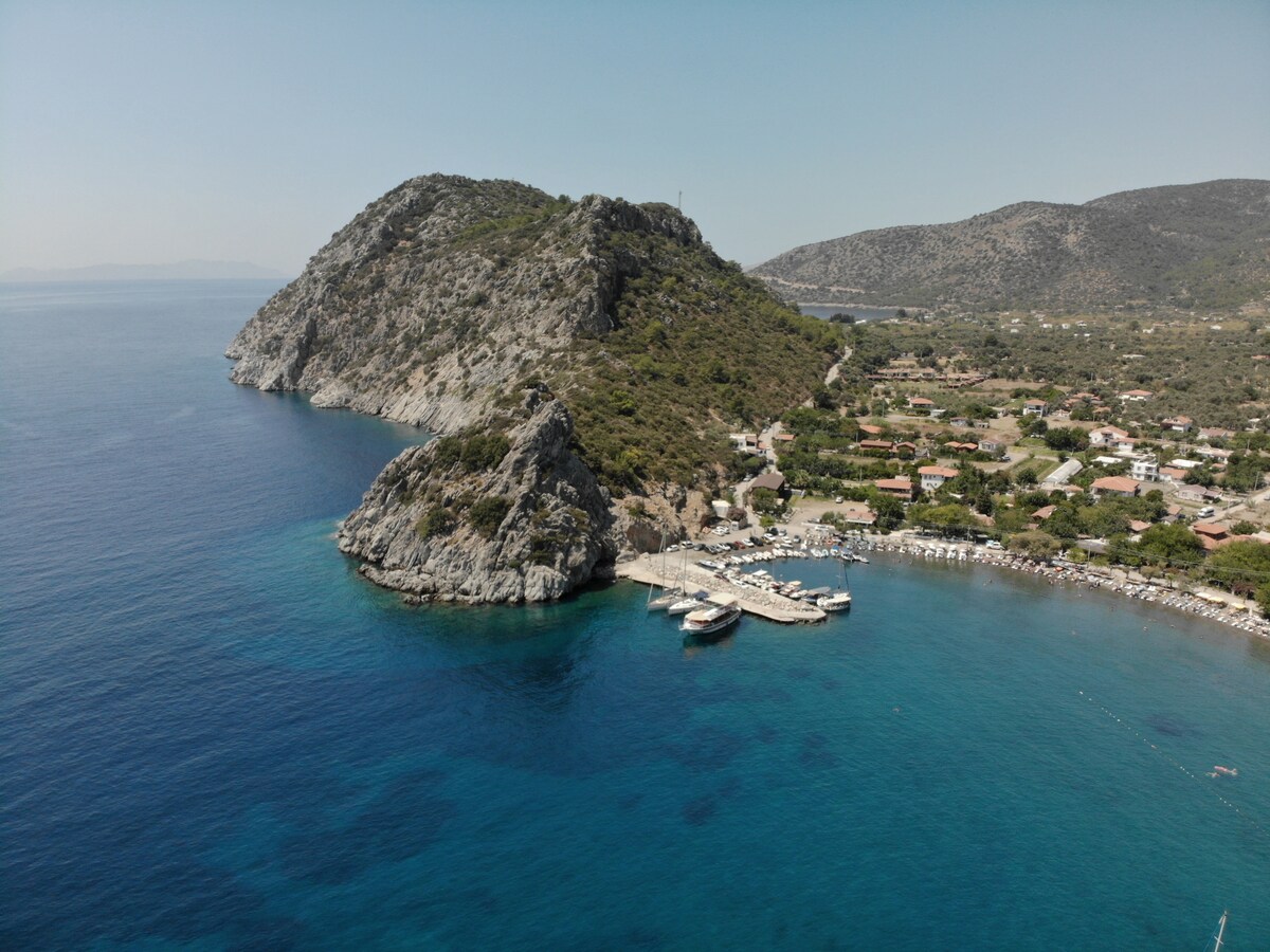 A scenic coastal view captures rugged cliffs meeting clear blue waters. A small harbor is visible, dotted with boats, while a secluded beach stretches along the shoreline. Verdant hills frame the landscape, offering a glimpse of neighboring residential areas nestled in the greenery.