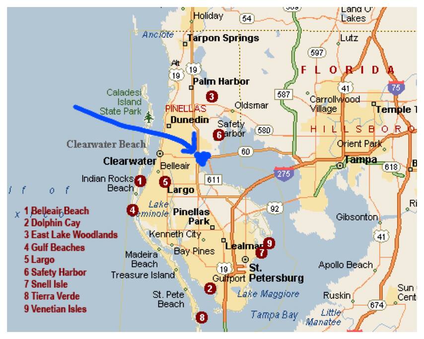 Blue area is the location of rental, depicting distance from surrounding hot-spots like Clearwater Beach.