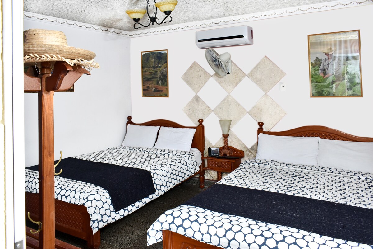 A well-appointed room features two spacious beds with patterned bedding, complemented by decorative wall art. An air conditioning unit hangs above, and a small bedside table with a lamp provides functionality. The room is illuminated by natural light from a nearby window.