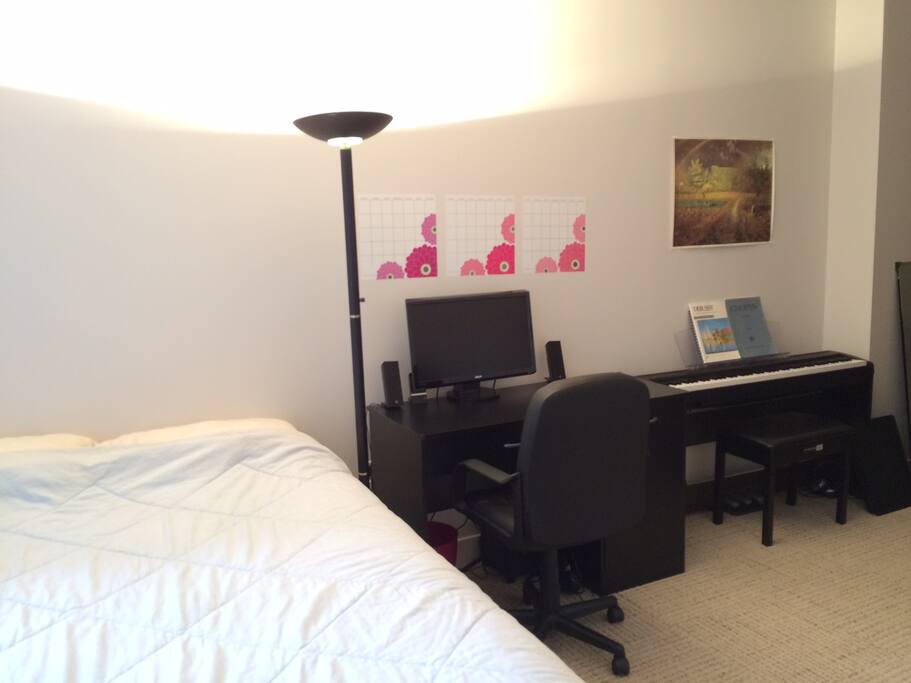 Queen bed, desk, and electric keyboard if you wish to play :)