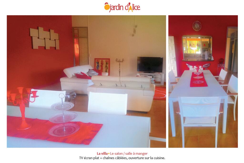 Le salon / salle à manger, avec une TV écran plat + chaînes câblées et une ouverture sur la cuisine.