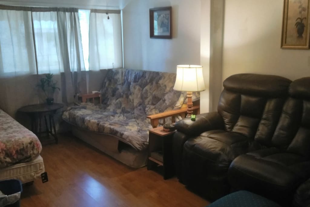 Spacious with 1full size ,1 sofa bed ,1 couch , 1 floor mattress accommodates 4-6 guests ..no AC