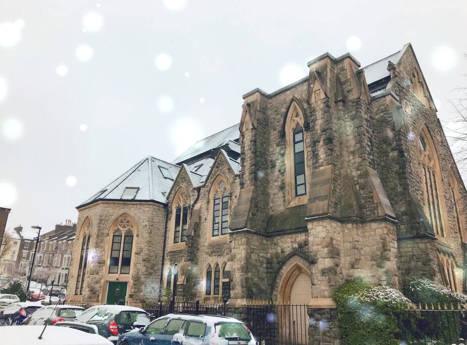 Snowing church