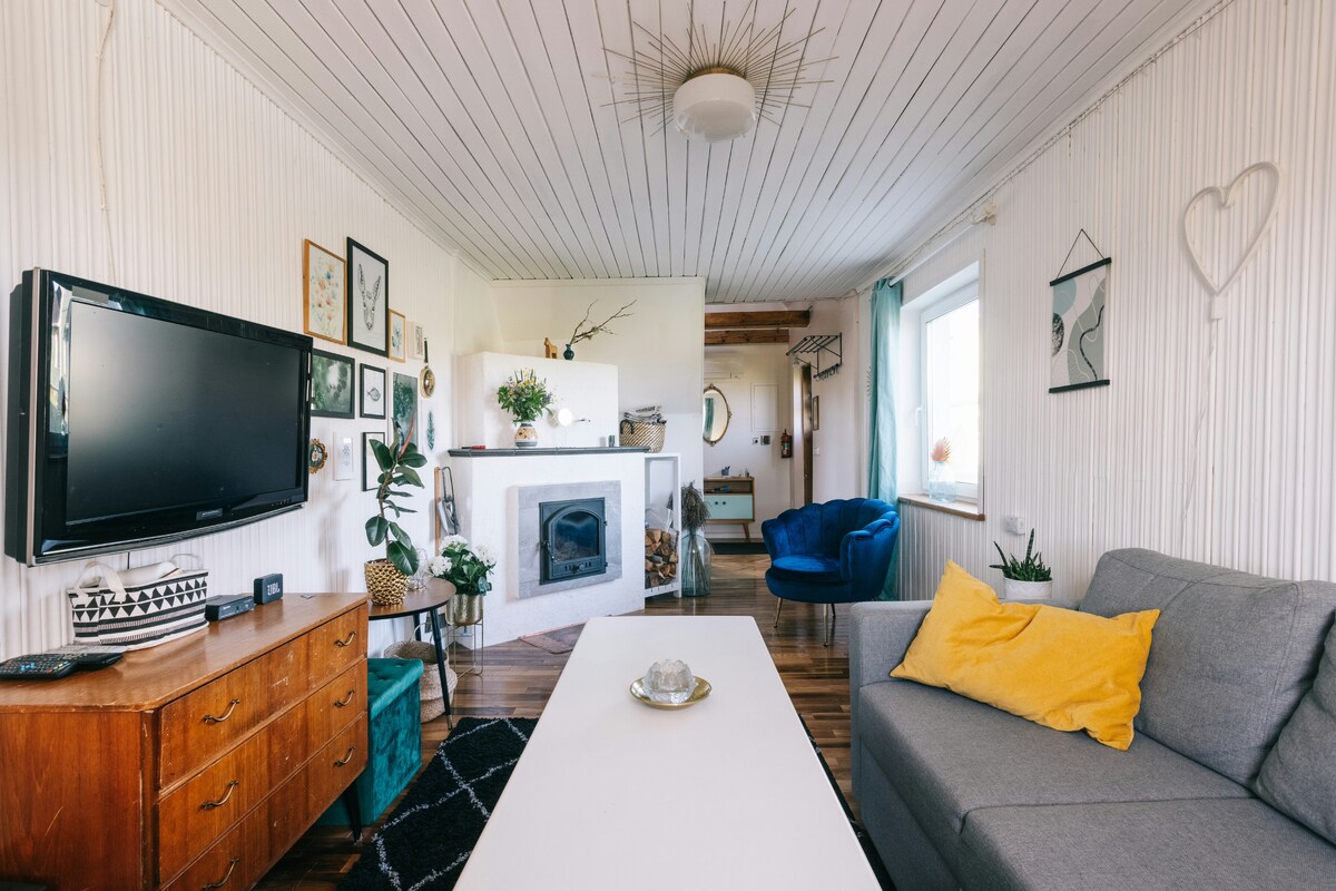 The living room features a comfortable seating area with a gray sofa and a blue armchair. A coffee table sits in front, accompanied by decorative plants and framed art on the walls. A TV mounted on the wall, alongside a fireplace, creates a cozy atmosphere.