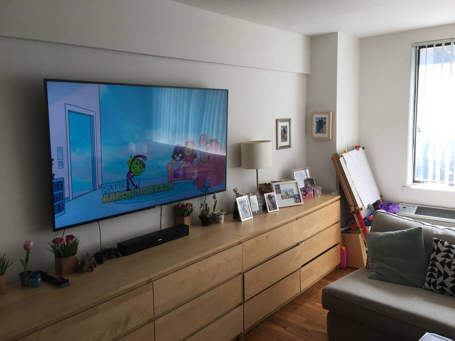 The best TV ever! Ultra HD - Amazon Prime with tons of action movies in library, Netflix, Hulu, Youtube and wireless device connectivity. Since there is also an upstairs TV also, no fighting on what shows to watch !
