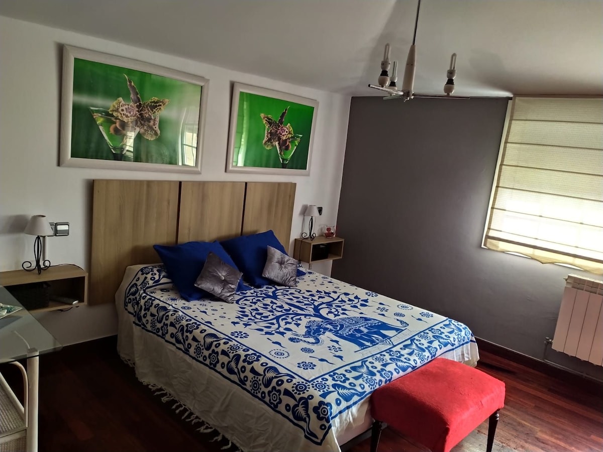 A cozy bedroom features a spacious bed covered with a blue and white patterned blanket. Two decorative artworks are displayed above the headboard, enhancing the room's aesthetics. Natural light enters through a window with shades, illuminating the warm wood flooring.