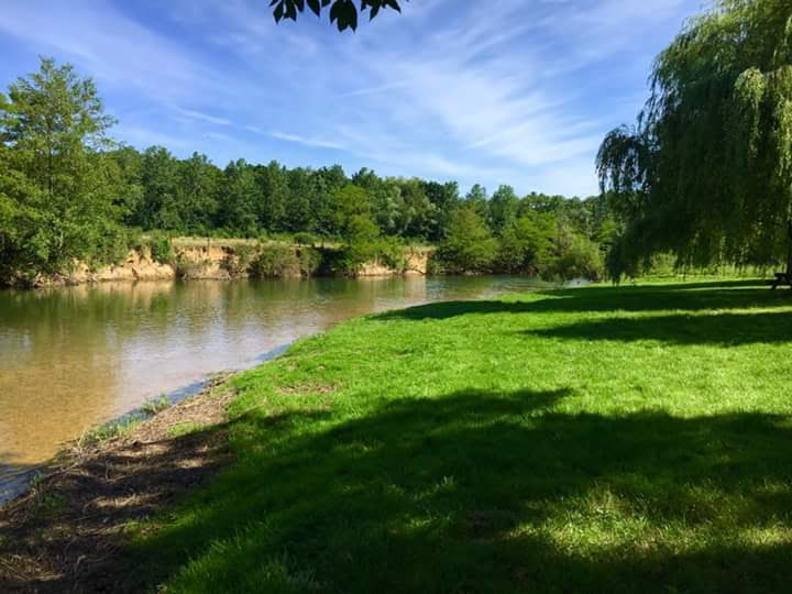 A serene riverbank features gently flowing water bordered by lush green grass. Tall trees provide shade, creating a tranquil setting. The scene is complemented by a clear blue sky, enhancing the natural beauty of the surrounding landscape.
