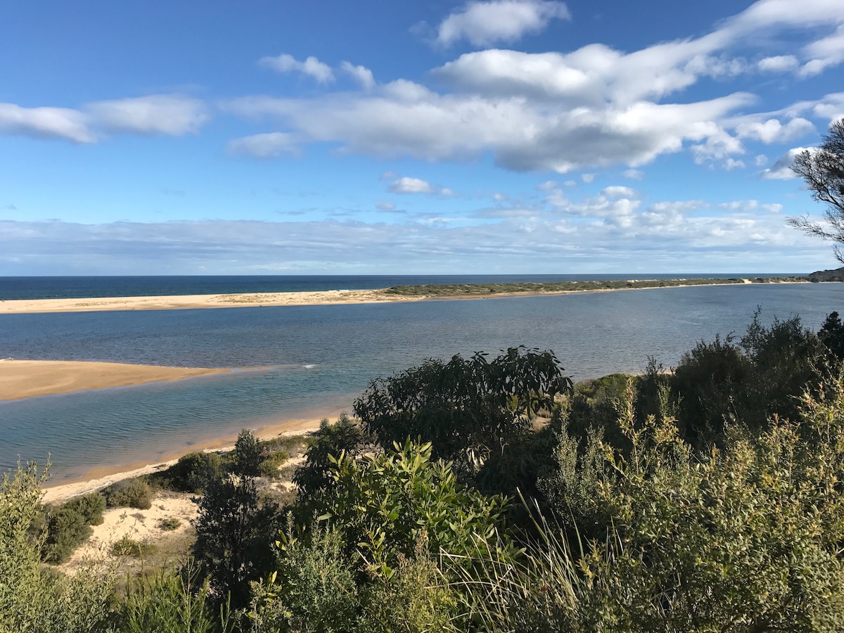 A panoramic view of a calm river meeting the ocean, bordered by sandy shores and lush greenery. The sky is filled with soft clouds, while the water reflects shades of blue and brown, creating a serene natural landscape.