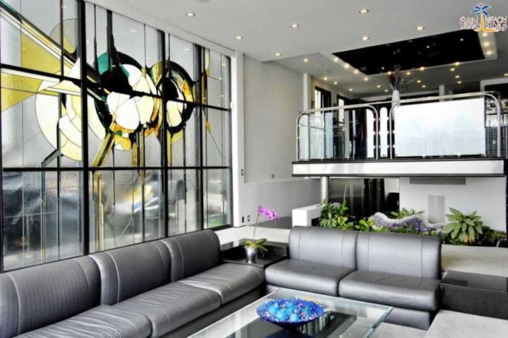 Beautiful full wall stain glass window Sleek Retreat Mission Bay Vacation House Rental