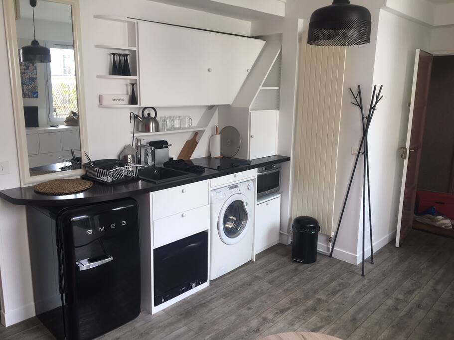 cuisine équipée ( réfrigérateur/ Lave vaisselle/ Lave linge/ sèche linge / micro ondes / plaque à induction / hotte)