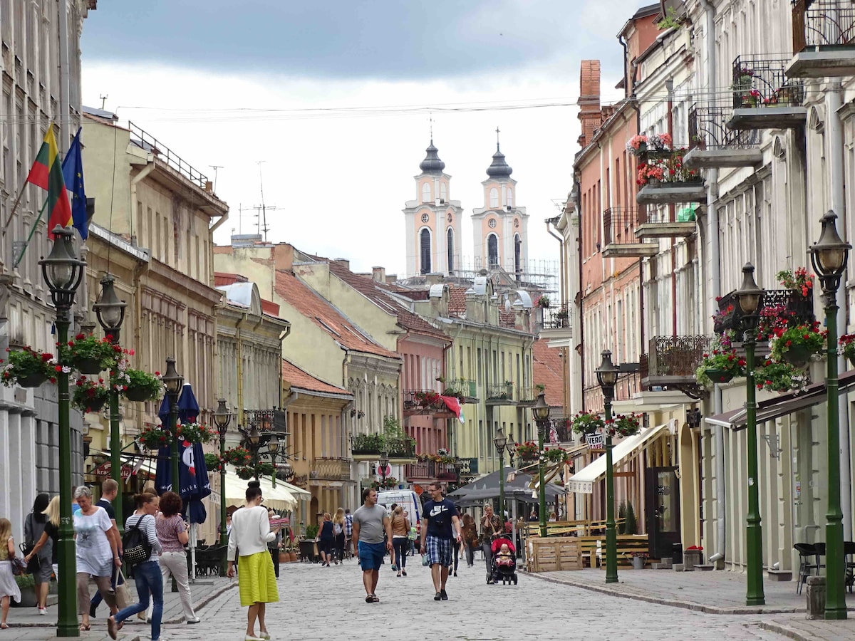 A lively street scene is depicted, lined with historic buildings featuring ornate balconies and flower pots. Pedestrians stroll along cobblestone paths, and the twin spires of a church are visible in the background, framed by overcast skies.