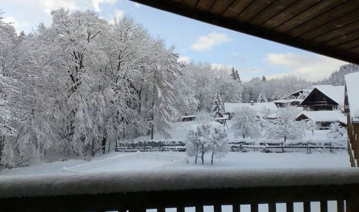 A serene winter landscape is visible from the balcony, featuring a blanket of fresh snow covering the trees and ground. The scene includes rustic wooden buildings, framed by snow-laden branches, creating a peaceful and inviting atmosphere.
