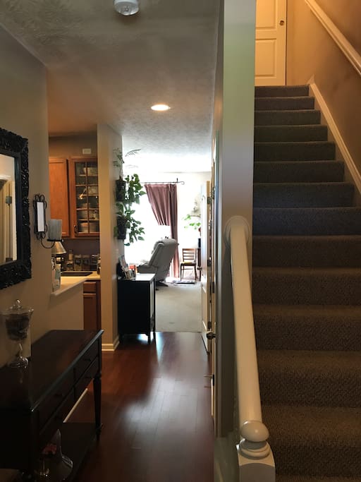 Open front door , stairs on right go straight up to your room and your restroom