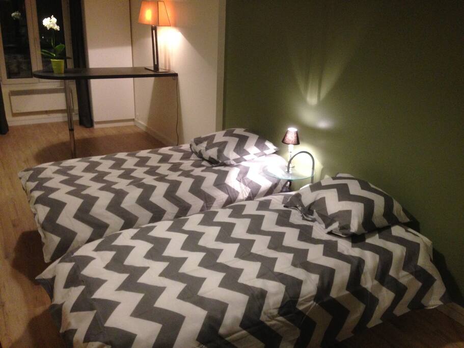 Twin beds with duvet, bed linen and pillows.Wardrobe. We provide clean sheets and towels.2 Electric heating wall