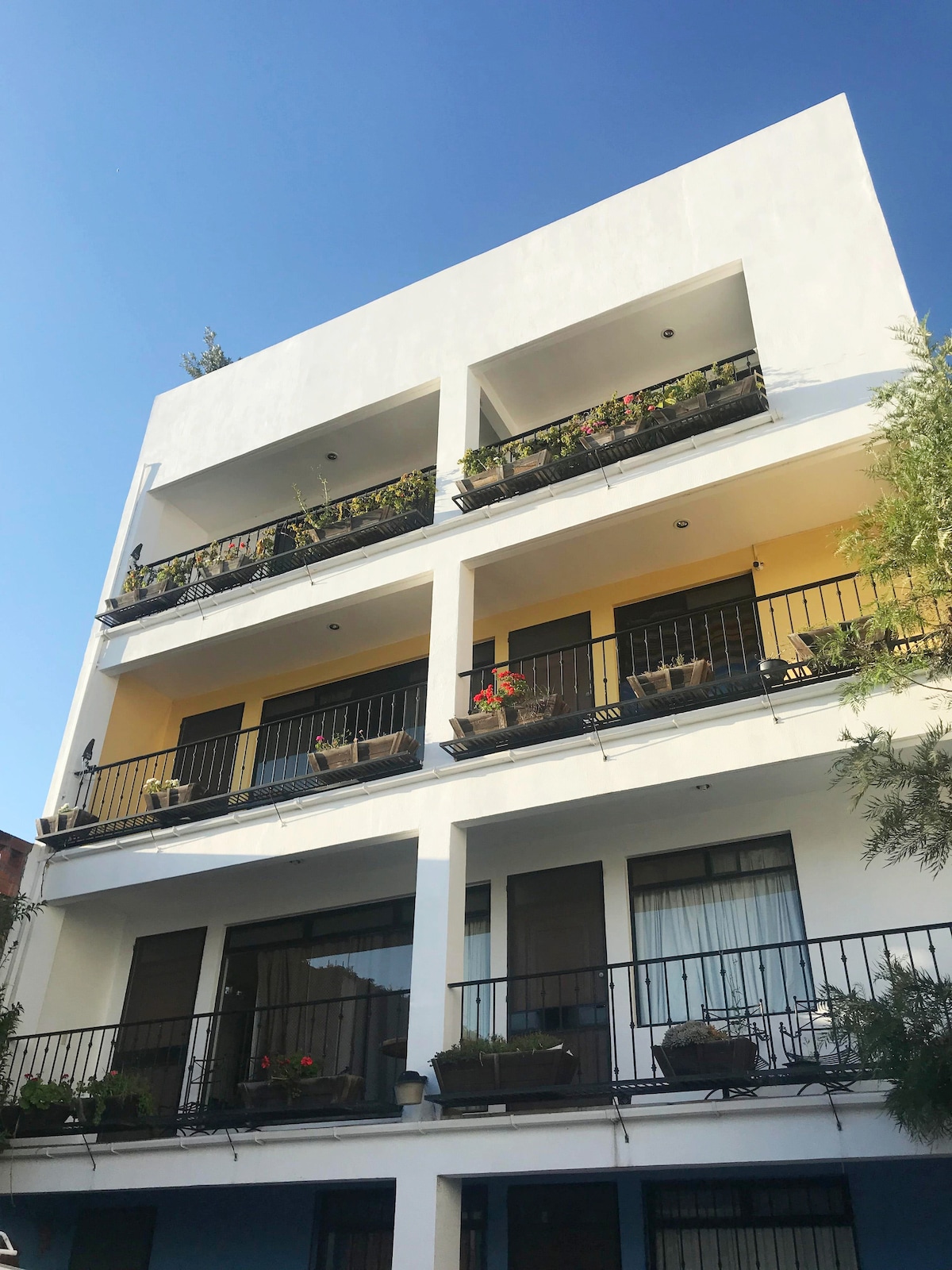 A three-story building is shown with a modern facade painted in white. Each level features balconies adorned with plants and flowers, enhancing the exterior. Large windows provide ample natural light to the interior spaces, with dark-colored doors contrasting the lighter walls.