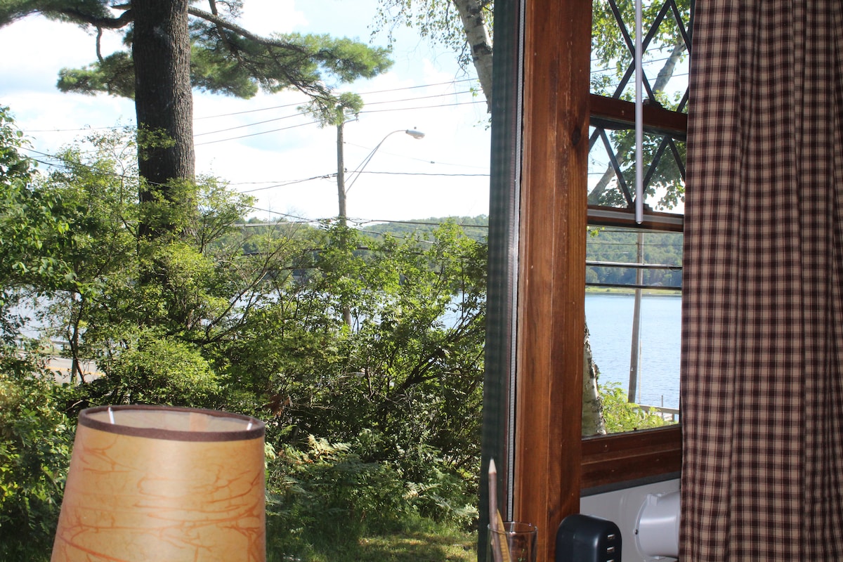 A view from the cabin shows lush greenery framing the scene, with Lake Flower visible beyond. Sunlight filters through the window, highlighting a nearby lamp and the natural setting outside.