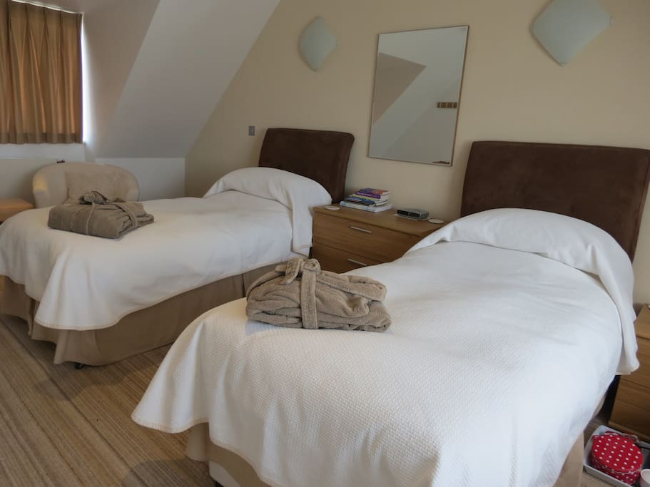 The self-contained apartment has one room with twin beds and.....