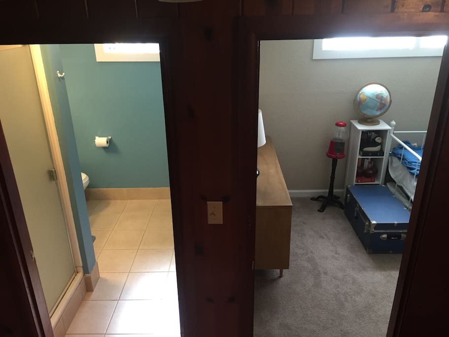 Private bathroom to the left and bedroom to the right