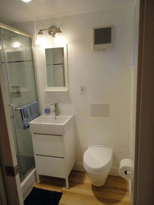 Here is the bathroom. Super quiet fan, but also a window for natural light.