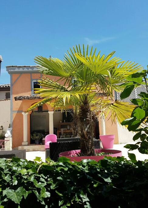 Maison de jardin avec table et barbecue en extérieur
