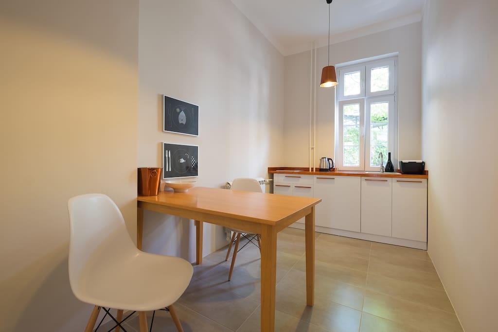 Dining area, and kitchen.