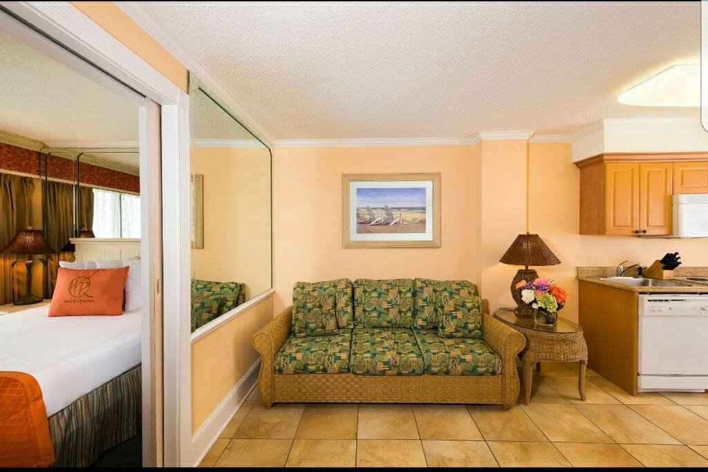 Living area features a queen size sofa bed for additional guest.