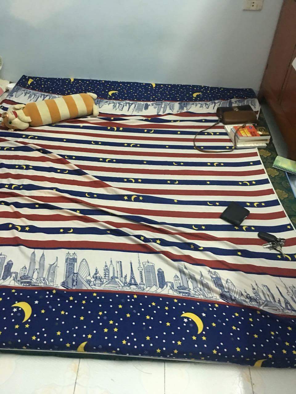 A spacious bed is adorned with a striped blanket featuring a city skyline and moon designs. A plush toy rests on the bed, alongside a few scattered books and electronic devices. The setting is simple and functional, suitable for relaxation.