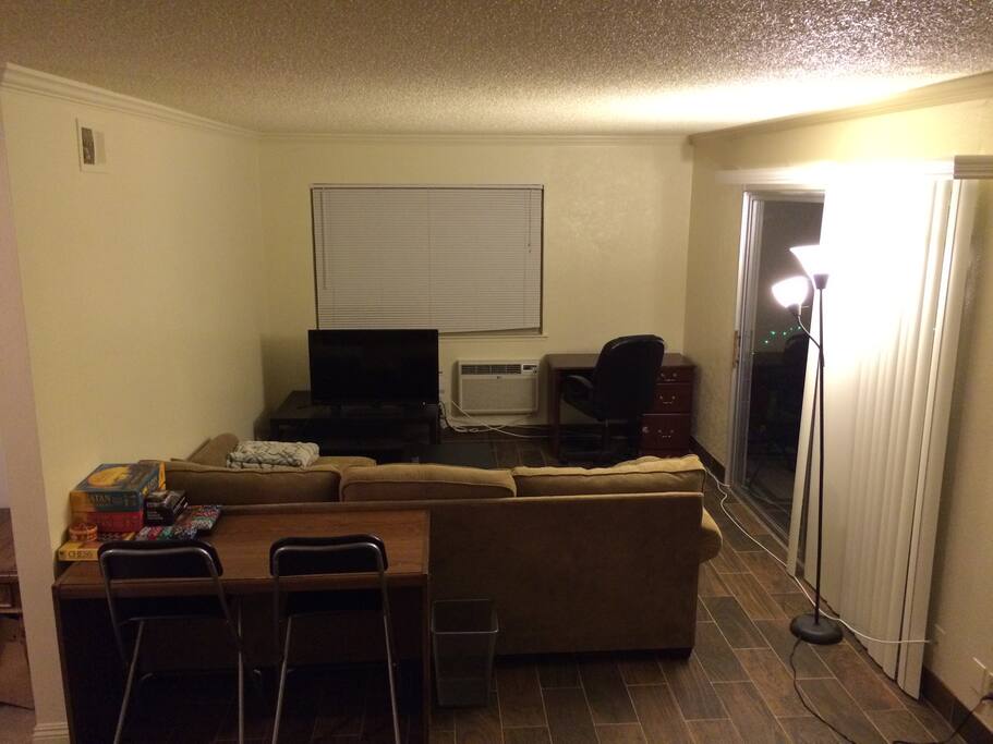 couch, 42" tv, board and card games