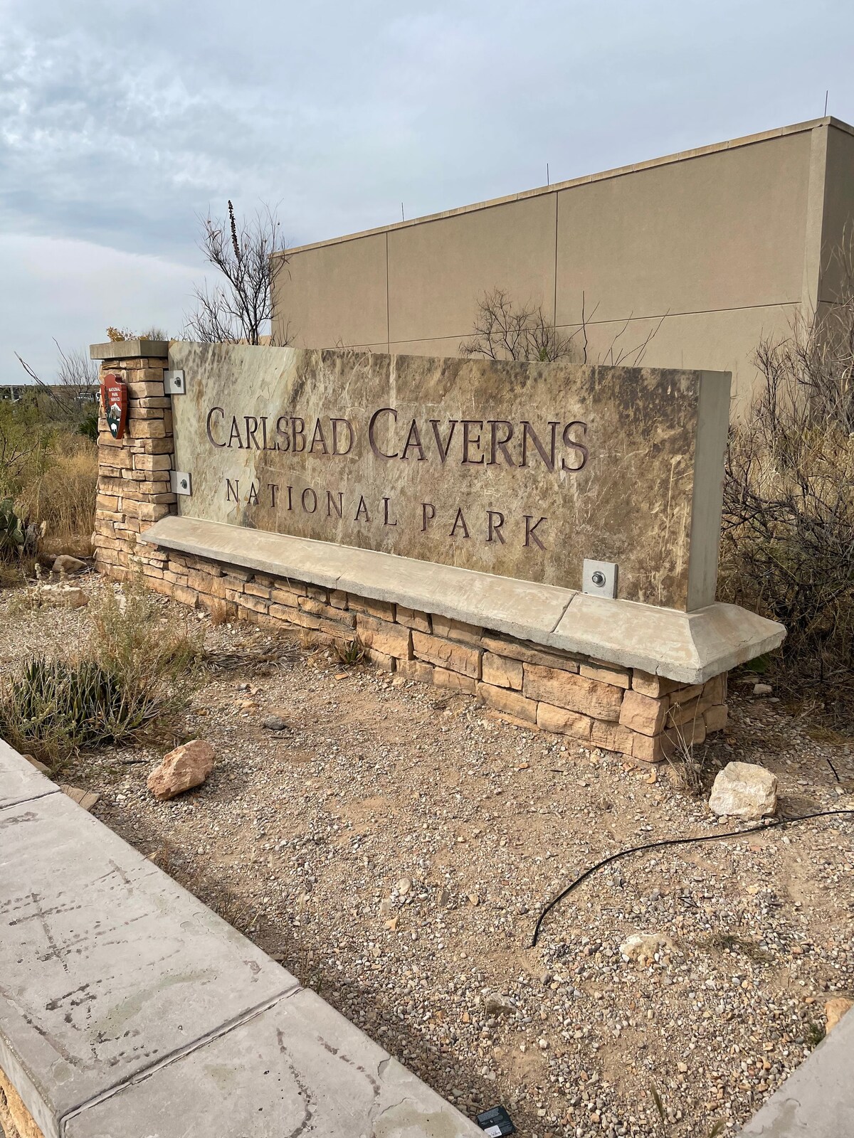 The image features a large stone sign marking the entrance to Carlsbad Caverns National Park. Surrounded by sparse vegetation and rocky terrain, the sign prominently displays the park's name in bold letters against a natural stone background.