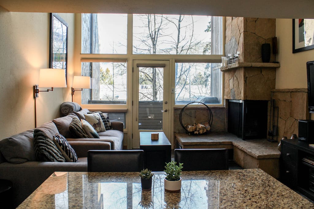 Huge floor-to-ceiling windows look out to Vail Mountain. A perfect view for your meal.