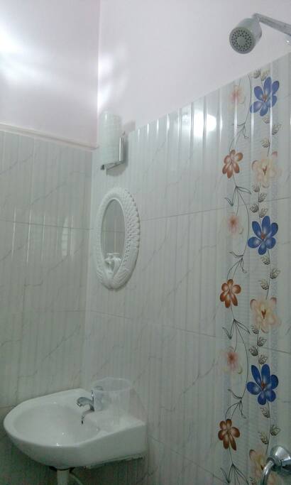 A beautifully decorated and well lit up washroom exclusively for the guest with shower and basin as well.