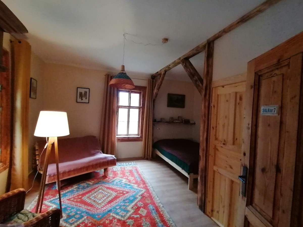 A cozy room showcases wooden beams and warm, earthy tones. A spacious bed is placed against a wall, with a couch nearby. Soft lighting is provided by a floor lamp, and a patterned area rug adds a touch of color. A window brings natural light into the space.