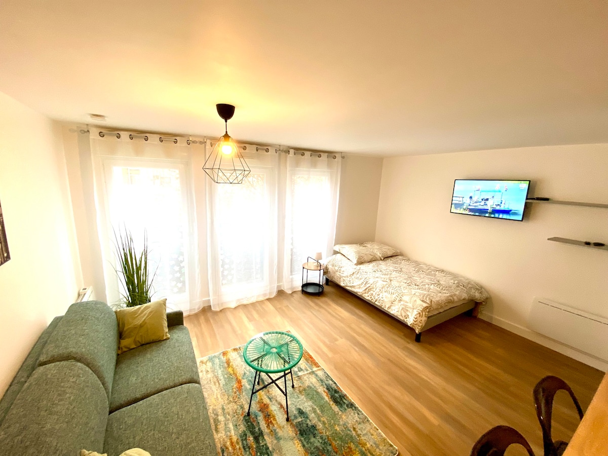 A spacious studio features large windows dressed with light curtains, allowing natural light to flow in. A comfortable sofa is paired with a small round table on a decorative rug. A bed with soft bedding is positioned beside a wall-mounted television.