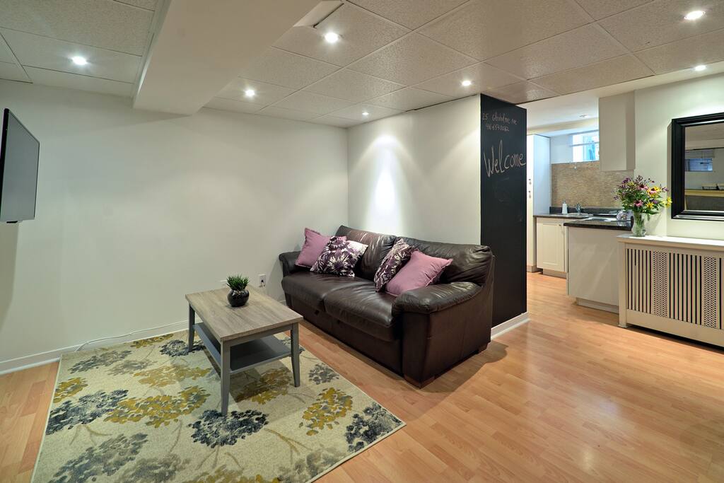 Living room area with comfortable pull out queen bed