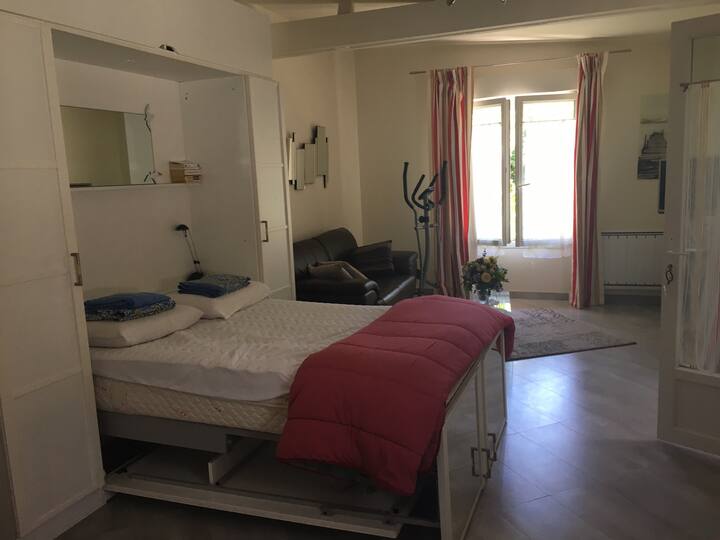 Pièce principale avec grand lit et espace salon et cuisine - main room with large comfortable bed