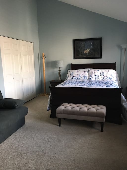 Airbnb Bedroom: including Queen size bed, dresser, night stand, large closet and full size futon (Room can sleep 4) Full size futon on the left