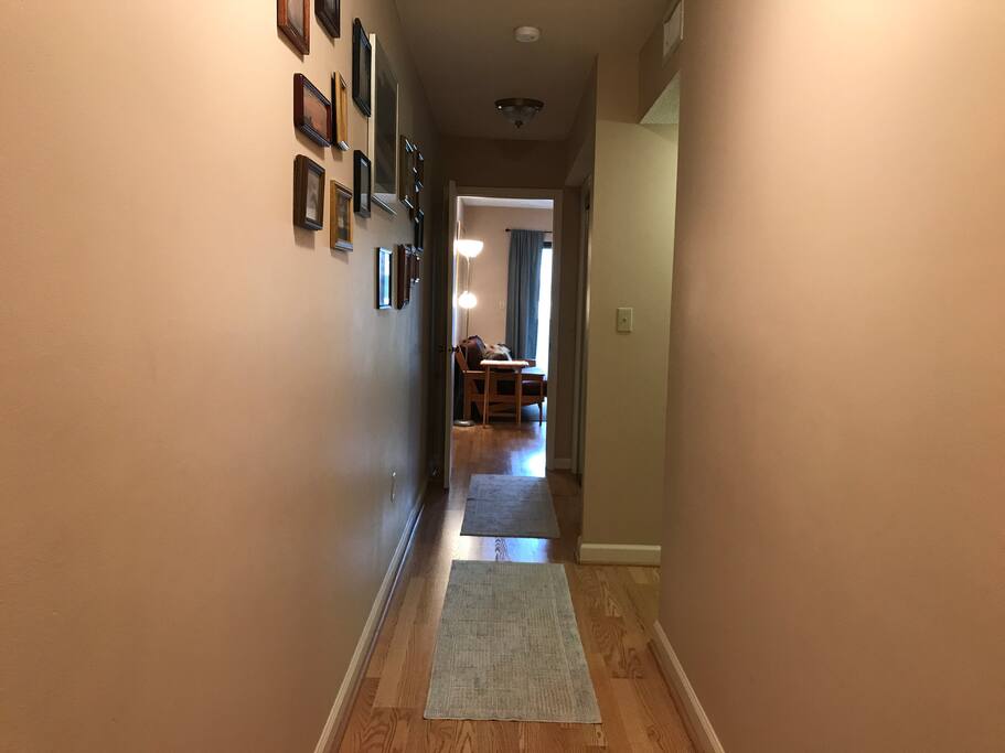 Long Hallway in. Bedroom and bathroom are to the right halfway down. Living area, kitchenette and porch are straight back.