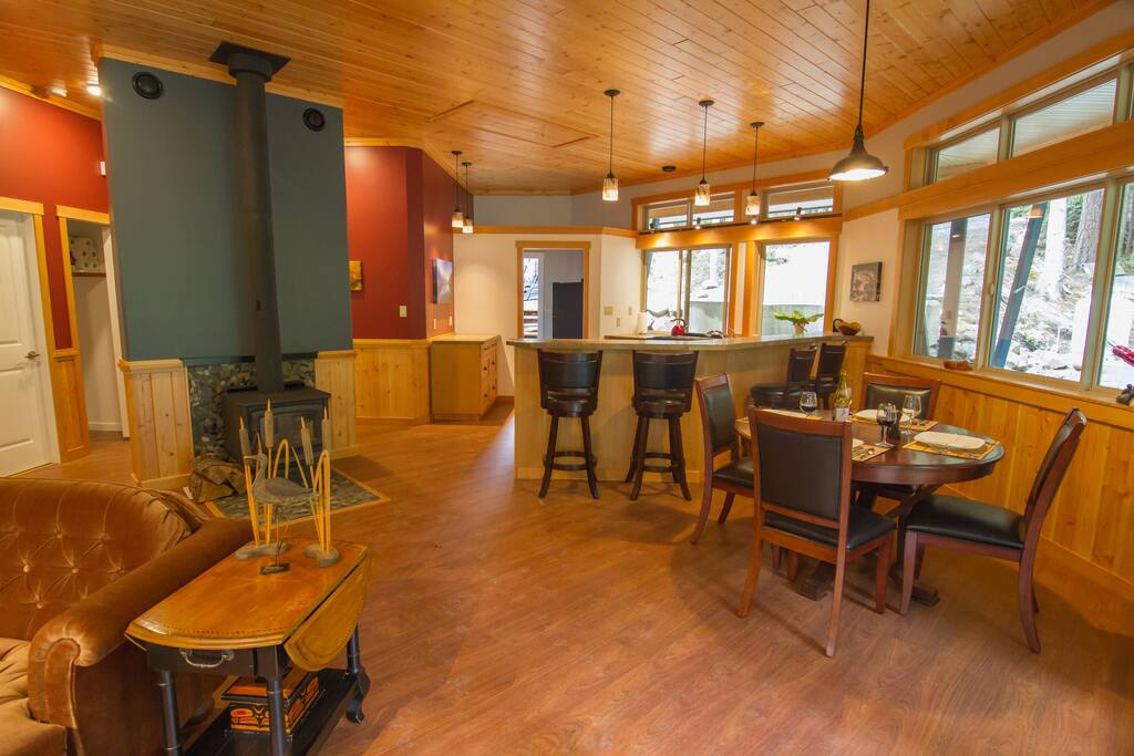 Dining area with a bar and stools