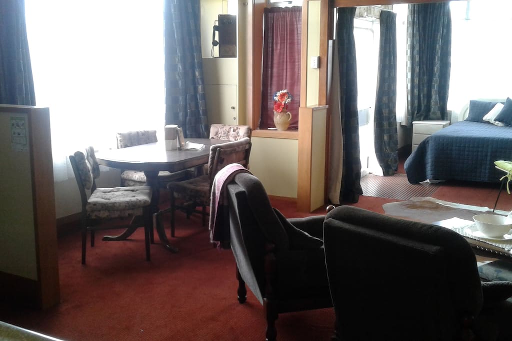 Main room consists of Queen bed(able to be shut off by curtain) lounge, dining and kitchen.