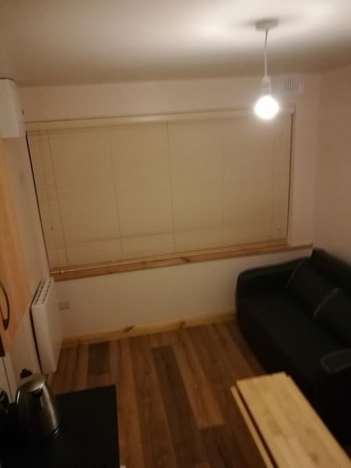 Blinds on the Front Window, Sofa bed is in view on the Right, can be Opened very quickly