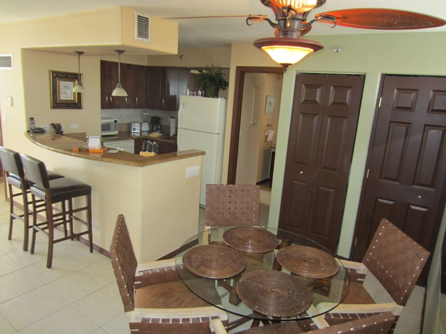 The condo has an open design. This is the view of the Kitchen and Dining area.